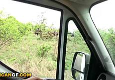Cute Ebony Girlfriend Gives Deep Safari Road Head