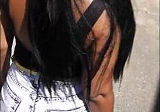 Big booty redbone ebony with nice tits spreads outdoors
