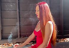 italian big tits milf artemisia love smoking a cigarette outdoor
