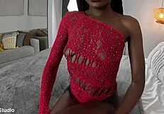 Ebony model marcela in red dress cum covered on tits