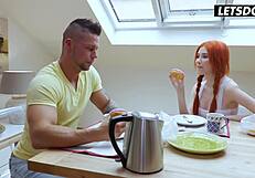 Big Tits Redhead Jerks Hard Cock On Kitchen Table Then Swallows Cum