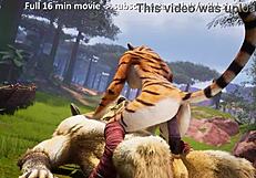 mythical minotaur enjoys outdoor time with tigress