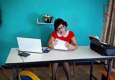 Sexretary no panties secretary with orange dress security cam in the office