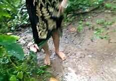 Huge boobs step mom masturbating with big dildo in rain outdoor public