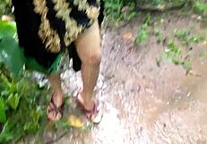 Huge boobs step mom masturbating with big dildo in rain outdoor public