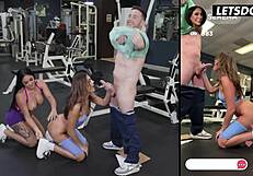 Two gym babes deepthroat then get bent for doggy