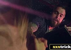 Shy tattooed girl deepthroats in dj booth