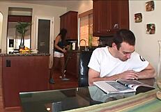 dark latina maid gives deep throat to boss