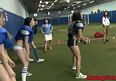 Hazing lesbos licked out on the soccer field