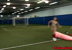 Hazing lesbos licked out on the soccer field