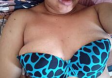 My busty stepmother touches herself in wet panties