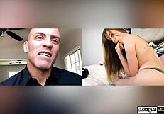 Submissive girl fingers pussy while master watches closely