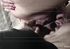 when the blonde is done sucking the brunettes small 18+ tits she fucks two horny guys
