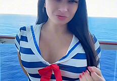 public sexy latina sailor teases with joi on balcony