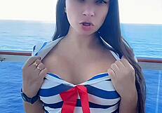 public sexy latina sailor teases with joi on balcony