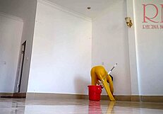 naked maid cleans office without panties