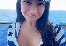 public sexy latina sailor teases with joi on balcony
