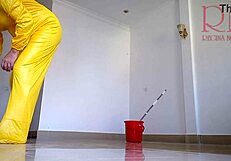 naked maid cleans office without panties