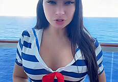 public sexy latina sailor teases with joi on balcony