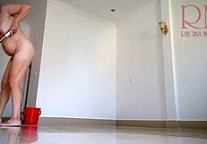 naked maid cleans office without panties