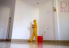 naked maid cleans office without panties