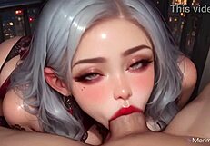 white haired girl has sex on balcony in red dress