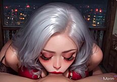 white haired girl has sex on balcony in red dress