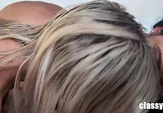  Wild threesome ended with cum swapping between two milfs. Trailer shows it