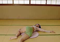 kawaii yoga girl stretches in costume