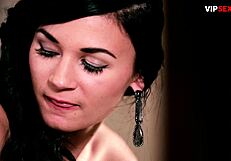 Brunette in black stockings strokes his cock till he begs to fuck her