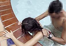 Teen enjoys outdoor pool time