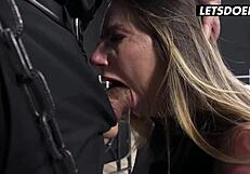 Sloppy deepthroat until she gags then bends over rug