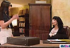 a petite brunette meets her latina boss for a work discussion today