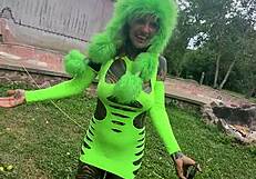 adorable inked girl in cute outfit rides on massive dildo