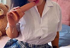 sexy schoolgirl 18+ gets creative with her huge dildo - alejandra palacios