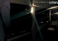 tattooed redhead tempts busty babe into van to fuck her tits
