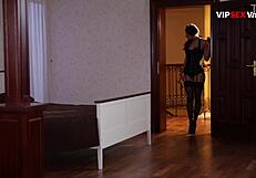 stocking-clad babe presses against him and reaches for his throbbing dick