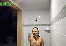night time nudist swinger swim in public pool