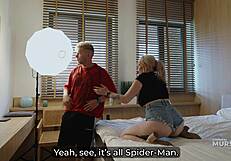 Blonde alt girl step mom in choker and spider tee shares the last hotel bed then fucks me cowgirl pov