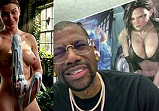 Cum covered transgender abby fucks tight bald ebony pussy while cumming