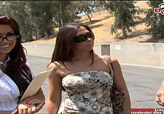 A wild threesome on the street for busty brunettes with piercings
