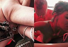 Смотри, эта шлюха в клетке, пока я её разношу фук-машинами!